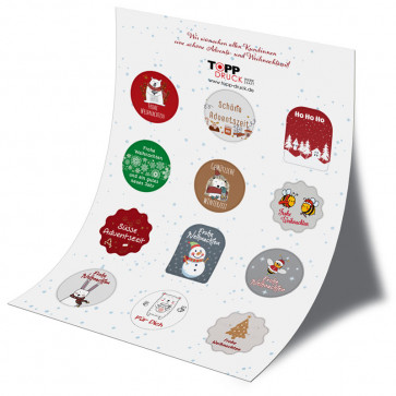 12 Weihnachtssticker auf einem Bogen
