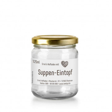 Kleines Hofladen-Etikett "Suppeneintopf" auf Glas