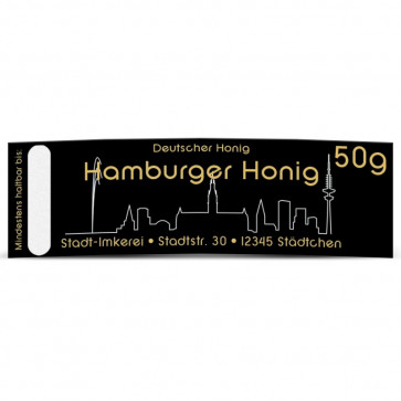 Matter Golddruck auf gold-schwarzem Honigetikett "Hamburg"