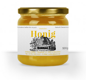 Etikett "Bienenhaus" in Gelb auf Honigglas