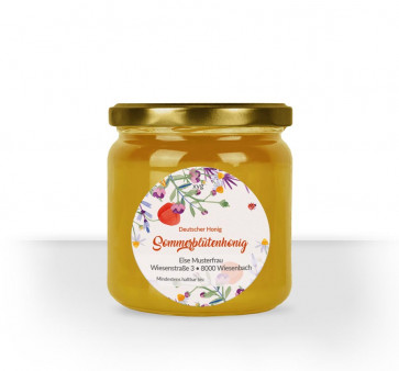 Rundes Etikett "Blumenwiese" auf Honigglas