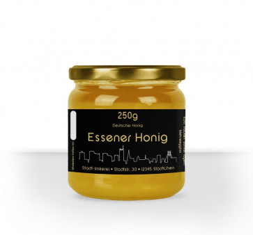 Matter Golddruck auf gold-schwarzem Honigetikett "Essen"