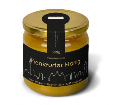 Matter Golddruck auf gold-schwarzem Honigetikett "Frankfurt"