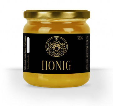 Design "Goldlovers" - gold-schwarzes Etikett auf Honigglas