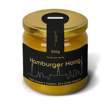 Matter Golddruck auf gold-schwarzem Honigetikett "Hamburg"