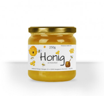 Kleines Etikett "Honigland" auf Honigglas