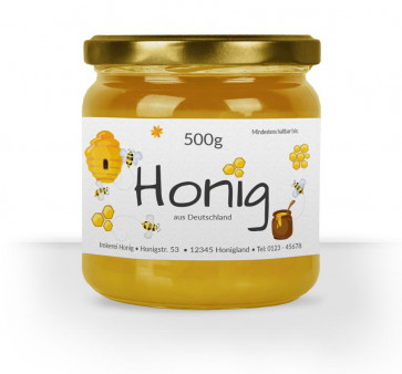 Etiketten "Honigland" gedruckt weißem Papier auf Honigglas