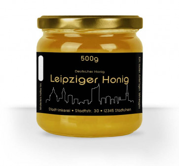 Matter Golddruck auf gold-schwarzem Honigetikett "Leipzig"