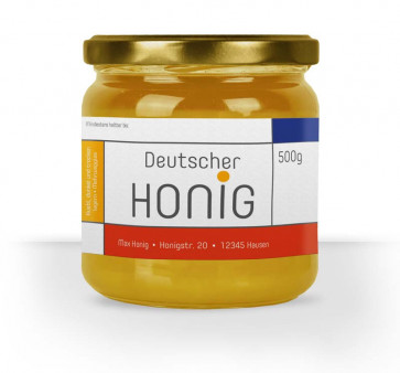 Etikett "Mondrian" (bunt) auf Honigglas