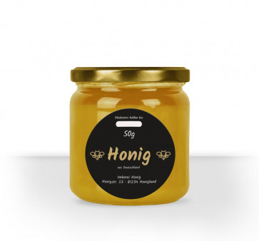 Rundes Etikett "Black Bee" auf Honigglas