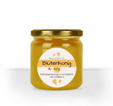 Rundes Etikett "Honigliebe" auf Honigglas