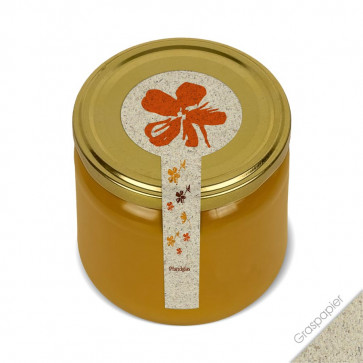 Frischesiegel "Stempelblume" als Graspapieretiketten auf Honigglas