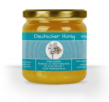 Honigglas-Etikett "Bienenblüte" blau