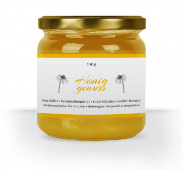 Honigglasetikett "Honiggenuss" auf Glas  auf weißem Papier