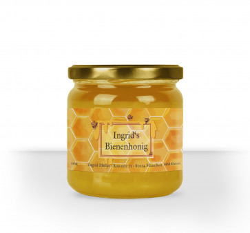 Etikett "Ingrids Honig" auf Glas