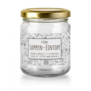 Etikett im Hofladen-Design  "Suppeneintopf" auf Glas