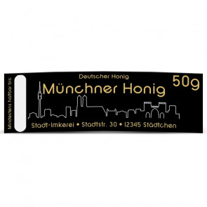 Matter Golddruck auf gold-schwarzem Honigetikett "München"