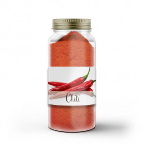 Kleines Gewürzetikett "Chili" auf Glas