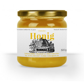 Etikett "Bienenhaus" in Gelb auf Honigglas