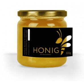 Etikett mit Ausschnitt und Golddruck auf gold-schwarzem Honigetikett