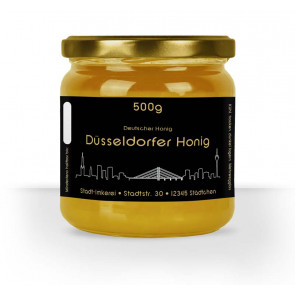 Matter Golddruck auf gold-schwarzem Honigetikett "Düsseldorf"