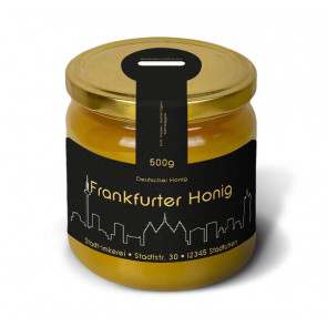 Matter Golddruck auf gold-schwarzem Honigetikett "Frankfurt"