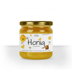 Kleines Etikett "Honigland" auf Honigglas