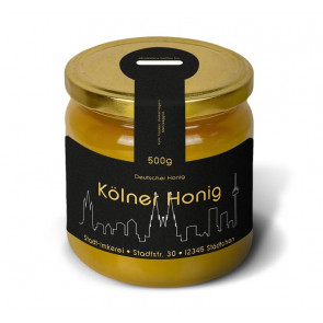 Matter Golddruck auf gold-schwarzem Honigetikett "Köln"