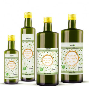 Gruppenbild Flaschenetiketten "Natives Olivenöl Extra"