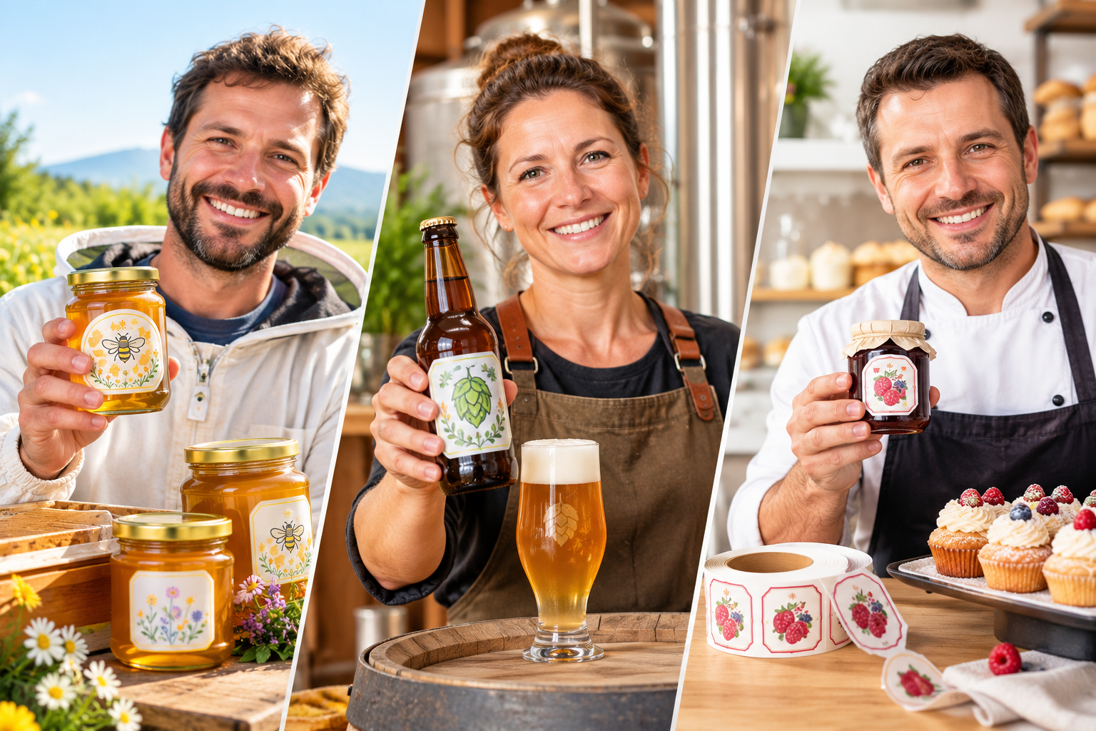 3 Menschen (Imker, Brauer, Konditor) mit Ihren Etikettenprodukten