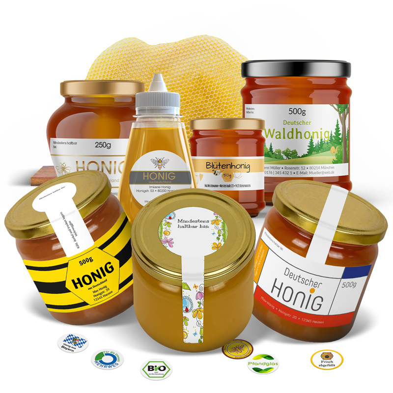 Vielfalt professioneller Etikettengestaltung für Honig Viele Honigetiketten auf Honigglas - Etikettengestaltung für Honig
