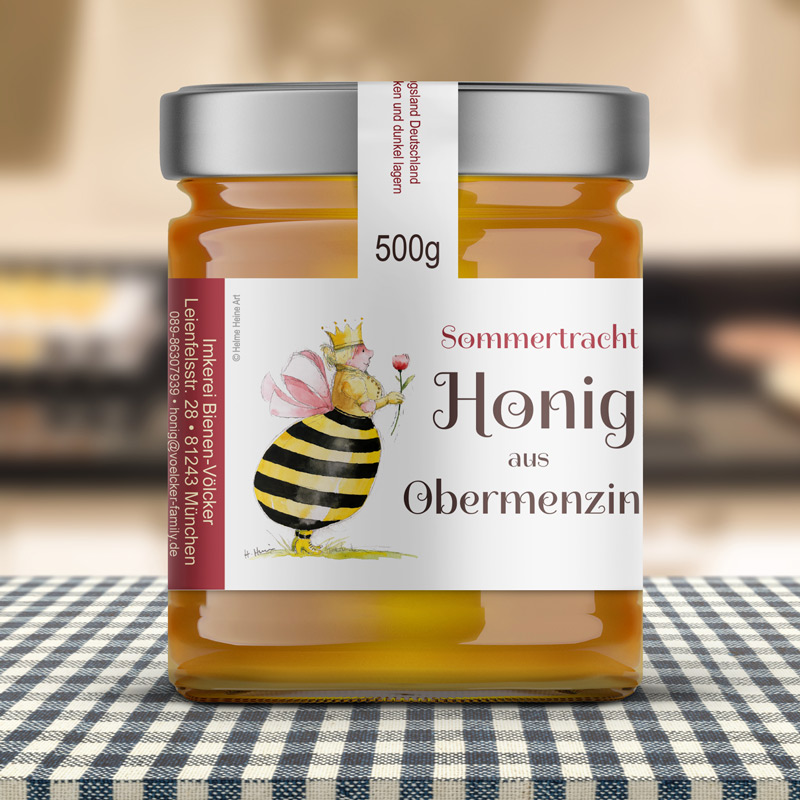 Honiglas mit dekorativem Etikett der Imkerei Bienen-V&ouml;lcker