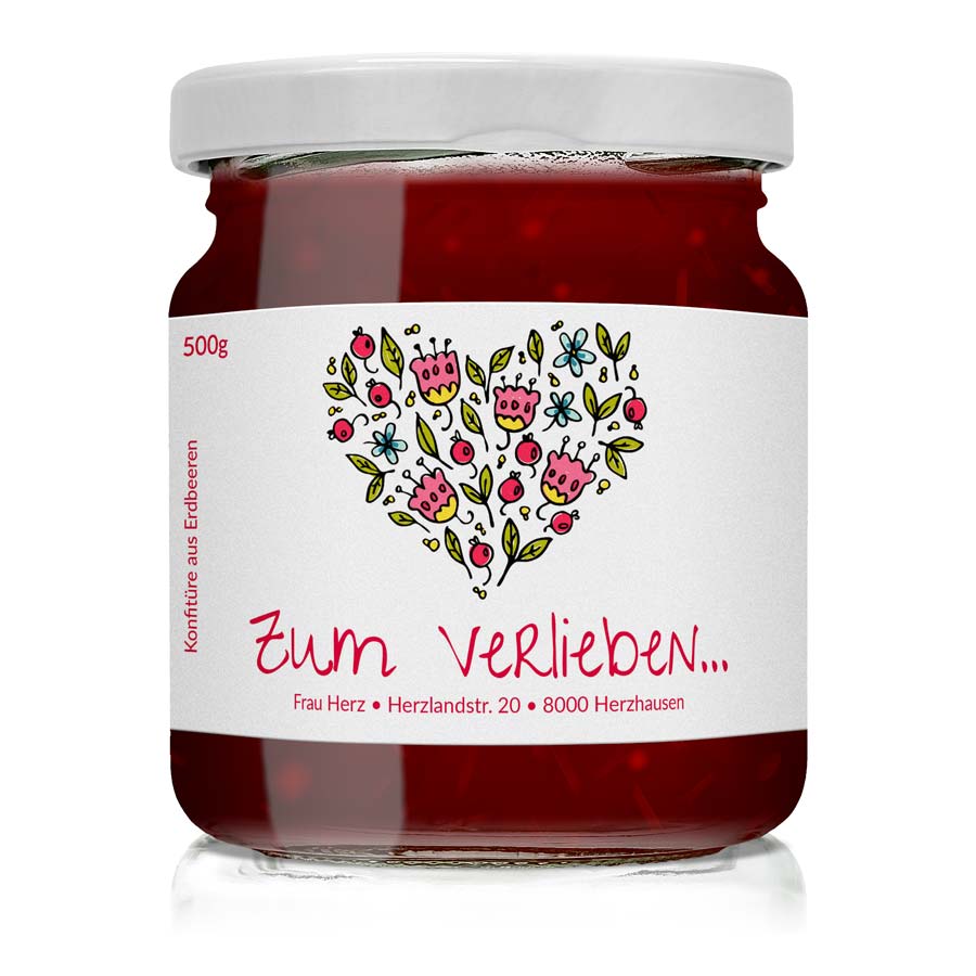 Kleines Etikett mit Herzabbildung auf Marmeladenglas